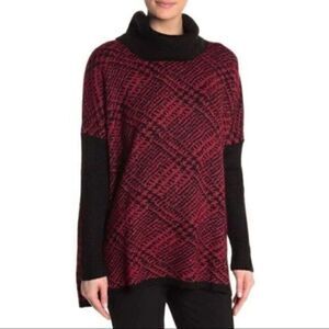 Joseph A Cowl Neck Printed Knit oversized Sweater Red Black Plaid Medium NWT